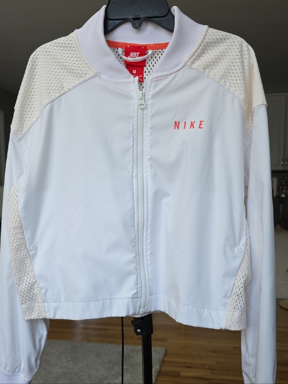 Nike White Bomber Jacket with Coral Nike Wordmark
